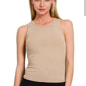Zenana Washed Ash Mocha Ribbed Racerback Tank w Removable Pads Small